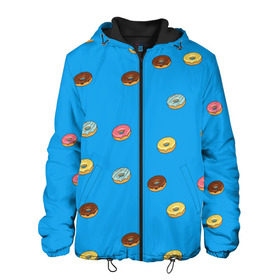 Мужская куртка 3D с принтом Пончики в Новосибирске, ткань верха — 100% полиэстер, подклад — флис | прямой крой, подол и капюшон оформлены резинкой с фиксаторами, два кармана без застежек по бокам, один большой потайной карман на груди. Карман на груди застегивается на липучку | Тематика изображения на принте: donut | гомер | еда | пончики | симпсон | фаст