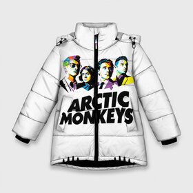 Зимняя куртка для девочек 3D с принтом Arctic Monkeys 2 в Новосибирске, ткань верха — 100% полиэстер; подклад — 100% полиэстер, утеплитель — 100% полиэстер. | длина ниже бедра, удлиненная спинка, воротник стойка и отстегивающийся капюшон. Есть боковые карманы с листочкой на кнопках, утяжки по низу изделия и внутренний карман на молнии. 

Предусмотрены светоотражающий принт на спинке, радужный светоотражающий элемент на пуллере молнии и на резинке для утяжки. | am | arctic | arctic monkeys | monkeys | rock | алекс тёрнер | амы | арктические мартышки | джейми кук | мартышки | мэтт хелдерс. ам | ник омэлли | ник о’мэлли | рок