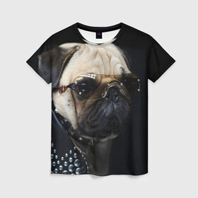 Женская футболка 3D с принтом Бульдог в очках в Новосибирске, 100% полиэфир ( синтетическое хлопкоподобное полотно) | прямой крой, круглый вырез горловины, длина до линии бедер | бульдог в очках | домашнее | животное | клепки | кожа | металлист | очки | пес | прикол | рокер | собака | умный | ученый | французский