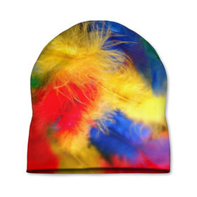 Шапка 3D с принтом Цветные перья в Новосибирске, 100% полиэстер | универсальный размер, печать по всей поверхности изделия | перья | радуга | спектр | фон | цвета | цветные | яркие