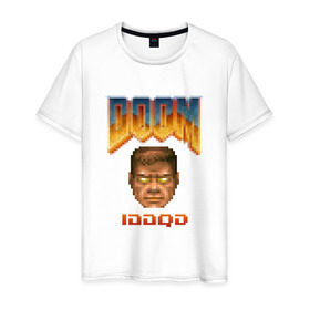 Мужская футболка хлопок с принтом iddqd пиксель-арт в Новосибирске, 100% хлопок | прямой крой, круглый вырез горловины, длина до линии бедер, слегка спущенное плечо. | Тематика изображения на принте: doom | пиксели