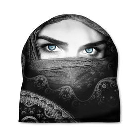 Шапка 3D с принтом Восточная девушка в Новосибирске, 100% полиэстер | универсальный размер, печать по всей поверхности изделия | взгляд | восточная девушка | глаза | красивая | никаб | орнамент | узоры | хиджаб
