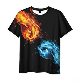 Мужская футболка 3D с принтом Синее и красное пламя в Новосибирске, 100% полиэфир | прямой крой, круглый вырез горловины, длина до линии бедер | кулак | огонь