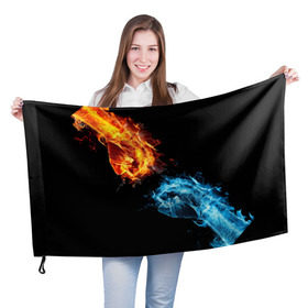 Флаг 3D с принтом Синее и красное пламя в Новосибирске, 100% полиэстер | плотность ткани — 95 г/м2, размер — 67 х 109 см. Принт наносится с одной стороны | кулак | огонь