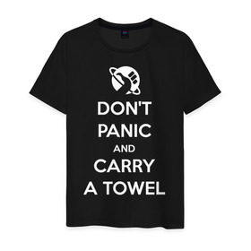 Мужская футболка хлопок с принтом Dont panic в Новосибирске, 100% хлопок | прямой крой, круглый вырез горловины, длина до линии бедер, слегка спущенное плечо. | Тематика изображения на принте: автостопом по галактике