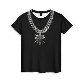 Женская футболка 3D с принтом Медальон в Новосибирске, 100% полиэфир ( синтетическое хлопкоподобное полотно) | прямой крой, круглый вырез горловины, длина до линии бедер | волк | медальон | цепочка | цепь