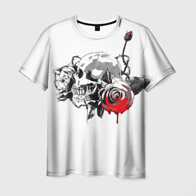 Мужская футболка 3D с принтом Череп с розами в Новосибирске, 100% полиэфир | прямой крой, круглый вырез горловины, длина до линии бедер | Тематика изображения на принте: готика | кровь | розы | череп | черно белое | шипы