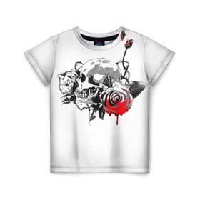 Детская футболка 3D с принтом Череп с розами в Новосибирске, 100% гипоаллергенный полиэфир | прямой крой, круглый вырез горловины, длина до линии бедер, чуть спущенное плечо, ткань немного тянется | Тематика изображения на принте: готика | кровь | розы | череп | черно белое | шипы