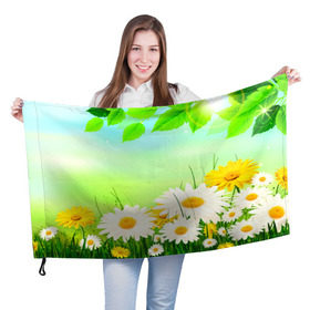 Флаг 3D с принтом Полевая ромашка в Новосибирске, 100% полиэстер | плотность ткани — 95 г/м2, размер — 67 х 109 см. Принт наносится с одной стороны | лето | цветы