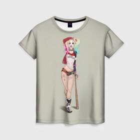 Женская футболка 3D с принтом Харли Квинн в Новосибирске, 100% полиэфир ( синтетическое хлопкоподобное полотно) | прямой крой, круглый вырез горловины, длина до линии бедер | арлекин | бита | девушка | комикс | харли квинн