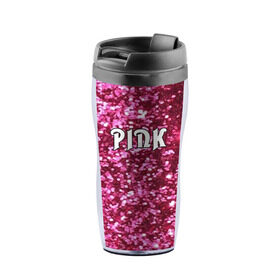 Термокружка-непроливайка с принтом Pink в Новосибирске, внутренняя часть — пищевой пластик, наружная часть — прозрачный пластик, между ними — полиграфическая вставка с рисунком | объем — 350 мл, герметичная крышка | pink | гламур | девушка | розовый