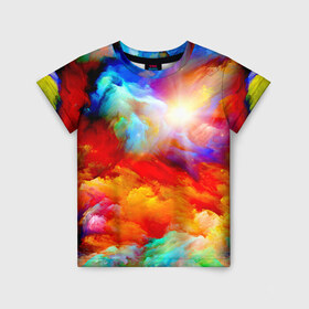 Детская футболка 3D с принтом Солнце в Новосибирске, 100% гипоаллергенный полиэфир | прямой крой, круглый вырез горловины, длина до линии бедер, чуть спущенное плечо, ткань немного тянется | Тематика изображения на принте: краски | небо | облака | разноцветные | солнце | цветные | яркие