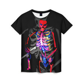 Женская футболка 3D с принтом Скелет в Новосибирске, 100% полиэфир ( синтетическое хлопкоподобное полотно) | прямой крой, круглый вырез горловины, длина до линии бедер | bodyart | faceart | helloween | аквагрим | боди арт | бодиарт | замок | ключ | неоновый | свет | сердце | скелет | фейсарт | хэллоуин | череп