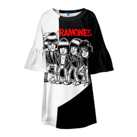 Детское платье 3D с принтом Ramones 1 в Новосибирске, 100% полиэстер | прямой силуэт, чуть расширенный к низу. Круглая горловина, на рукавах — воланы | Тематика изображения на принте: joey ramone | punk | джоуи рамон | панк | рамонез | рамонес