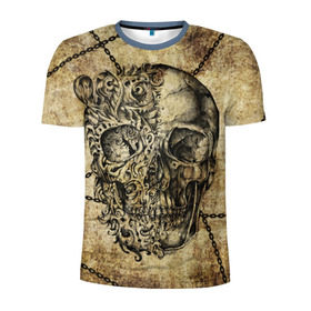 Мужская футболка 3D спортивная с принтом Skull & Chains в Новосибирске, 100% полиэстер с улучшенными характеристиками | приталенный силуэт, круглая горловина, широкие плечи, сужается к линии бедра | красивый | крутой | рисунок | узор | цепи | череп