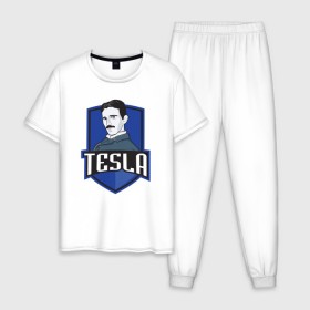 Мужская пижама хлопок с принтом Никола Тесла в Новосибирске, 100% хлопок | брюки и футболка прямого кроя, без карманов, на брюках мягкая резинка на поясе и по низу штанин
 | tesla