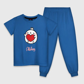 Детская пижама хлопок с принтом Кролик Моланг (сердце) в Новосибирске, 100% хлопок |  брюки и футболка прямого кроя, без карманов, на брюках мягкая резинка на поясе и по низу штанин
 | Тематика изображения на принте: molang | каваи | кролик | любовь | моланг | сердце
