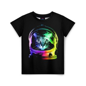 Детская футболка 3D с принтом Кот космонавт в Новосибирске, 100% гипоаллергенный полиэфир | прямой крой, круглый вырез горловины, длина до линии бедер, чуть спущенное плечо, ткань немного тянется | астронавт | звезды | космокот | космонавт | космос | кот | радуга