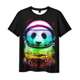 Мужская футболка 3D с принтом Панда космонавт в Новосибирске, 100% полиэфир | прямой крой, круглый вырез горловины, длина до линии бедер | Тематика изображения на принте: астронавт | звезды | космонавт | космос | панда | радуга