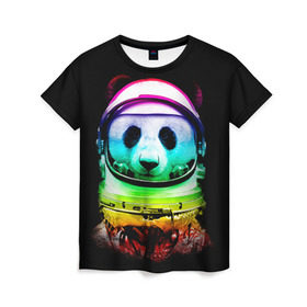 Женская футболка 3D с принтом Панда космонавт в Новосибирске, 100% полиэфир ( синтетическое хлопкоподобное полотно) | прямой крой, круглый вырез горловины, длина до линии бедер | астронавт | звезды | космонавт | космос | панда | радуга