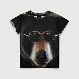 Детская футболка 3D с принтом Медведь в очках в Новосибирске, 100% гипоаллергенный полиэфир | прямой крой, круглый вырез горловины, длина до линии бедер, чуть спущенное плечо, ткань немного тянется | животное | медведь | новая | очки | природа | стильная