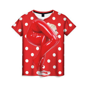 Женская футболка 3D с принтом Гибкость в Новосибирске, 100% полиэфир ( синтетическое хлопкоподобное полотно) | прямой крой, круглый вырез горловины, длина до линии бедер | белый | германия | гибкость | горошек | девушка | красный | латекс | юлия гюнтель