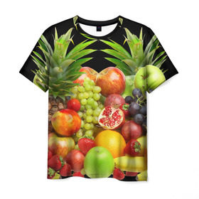 Мужская футболка 3D с принтом Фрукты в Новосибирске, 100% полиэфир | прямой крой, круглый вырез горловины, длина до линии бедер | ананас | апельсин | арбуз | банан | виноград | гранат | груша | клубника | фрукты | яблоко | ягоды