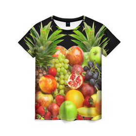 Женская футболка 3D с принтом Фрукты в Новосибирске, 100% полиэфир ( синтетическое хлопкоподобное полотно) | прямой крой, круглый вырез горловины, длина до линии бедер | ананас | апельсин | арбуз | банан | виноград | гранат | груша | клубника | фрукты | яблоко | ягоды