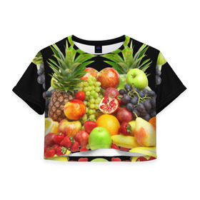 Женская футболка 3D укороченная с принтом Фрукты в Новосибирске, 100% полиэстер | круглая горловина, длина футболки до линии талии, рукава с отворотами | ананас | апельсин | арбуз | банан | виноград | гранат | груша | клубника | фрукты | яблоко | ягоды