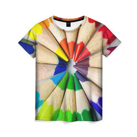 Женская футболка 3D с принтом Карандаши в Новосибирске, 100% полиэфир ( синтетическое хлопкоподобное полотно) | прямой крой, круглый вырез горловины, длина до линии бедер | карандаш | радуга | разноцветная | цветная