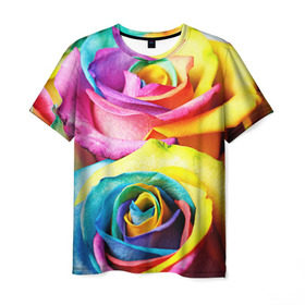 Мужская футболка 3D с принтом Радужная роза в Новосибирске, 100% полиэфир | прямой крой, круглый вырез горловины, длина до линии бедер | Тематика изображения на принте: бутон | лепестки | радуга | радужная роза | спектр | цвет | цветные | яркий