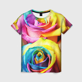 Женская футболка 3D с принтом Радужная роза в Новосибирске, 100% полиэфир ( синтетическое хлопкоподобное полотно) | прямой крой, круглый вырез горловины, длина до линии бедер | бутон | лепестки | радуга | радужная роза | спектр | цвет | цветные | яркий