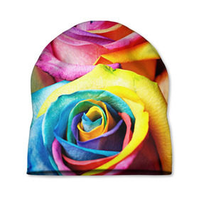 Шапка 3D с принтом Радужная роза в Новосибирске, 100% полиэстер | универсальный размер, печать по всей поверхности изделия | бутон | лепестки | радуга | радужная роза | спектр | цвет | цветные | яркий