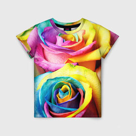 Детская футболка 3D с принтом Радужная роза в Новосибирске, 100% гипоаллергенный полиэфир | прямой крой, круглый вырез горловины, длина до линии бедер, чуть спущенное плечо, ткань немного тянется | бутон | лепестки | радуга | радужная роза | спектр | цвет | цветные | яркий