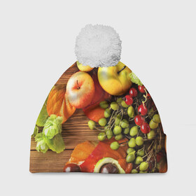Шапка 3D c помпоном с принтом Фрукты в Новосибирске, 100% полиэстер | универсальный размер, печать по всей поверхности изделия | зелень | натюрморт | плоды | фрукты | яблоки | ягоды