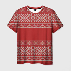 Мужская футболка 3D с принтом Вязанный принт в Новосибирске, 100% полиэфир | прямой крой, круглый вырез горловины, длина до линии бедер | вышивка | красная | свитер | узор