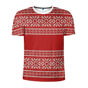 Мужская футболка 3D спортивная с принтом Вязанный принт в Новосибирске, 100% полиэстер с улучшенными характеристиками | приталенный силуэт, круглая горловина, широкие плечи, сужается к линии бедра | Тематика изображения на принте: вышивка | красная | свитер | узор