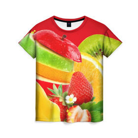 Женская футболка 3D с принтом Фрукты в Новосибирске, 100% полиэфир ( синтетическое хлопкоподобное полотно) | прямой крой, круглый вырез горловины, длина до линии бедер | fresh | апедьсин | киви | клубника | пузыри | сок | фреш | фрукты | яблоко | ягоды