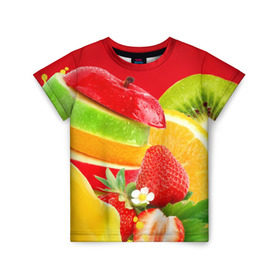 Детская футболка 3D с принтом Фрукты в Новосибирске, 100% гипоаллергенный полиэфир | прямой крой, круглый вырез горловины, длина до линии бедер, чуть спущенное плечо, ткань немного тянется | fresh | апедьсин | киви | клубника | пузыри | сок | фреш | фрукты | яблоко | ягоды