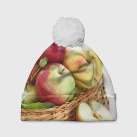 Шапка 3D c помпоном с принтом Яблоки в Новосибирске, 100% полиэстер | универсальный размер, печать по всей поверхности изделия | корзина | красные | яблоки