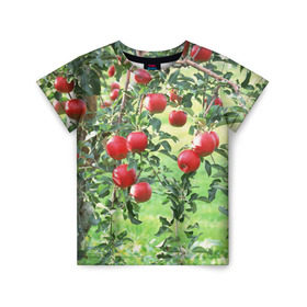 Детская футболка 3D с принтом Яблоки в Новосибирске, 100% гипоаллергенный полиэфир | прямой крой, круглый вырез горловины, длина до линии бедер, чуть спущенное плечо, ткань немного тянется | Тематика изображения на принте: дерево | зелень | красные | сад | яблоки