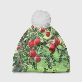 Шапка 3D c помпоном с принтом Яблоки в Новосибирске, 100% полиэстер | универсальный размер, печать по всей поверхности изделия | дерево | зелень | красные | сад | яблоки