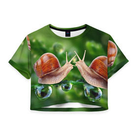 Женская футболка 3D укороченная с принтом Улитки в Новосибирске, 100% полиэстер | круглая горловина, длина футболки до линии талии, рукава с отворотами | зеленая | любовь | природа | улитка