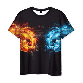 Мужская футболка 3D с принтом Лёд и пламя в Новосибирске, 100% полиэфир | прямой крой, круглый вырез горловины, длина до линии бедер | вода | красный | лёд и пламя | огонь | руки | синий | столкновение | удар
