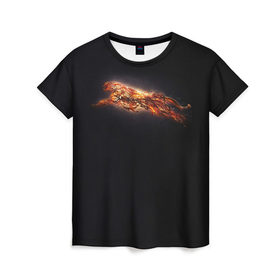 Женская футболка 3D с принтом Ягуар в Новосибирске, 100% полиэфир ( синтетическое хлопкоподобное полотно) | прямой крой, круглый вырез горловины, длина до линии бедер | бег | желтый | кот | кошка | красный | огненный | прыжок | свет | светящийся | темный | черный | ягуар | яркое