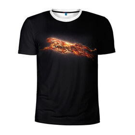 Мужская футболка 3D спортивная с принтом Ягуар в Новосибирске, 100% полиэстер с улучшенными характеристиками | приталенный силуэт, круглая горловина, широкие плечи, сужается к линии бедра | бег | желтый | кот | кошка | красный | огненный | прыжок | свет | светящийся | темный | черный | ягуар | яркое