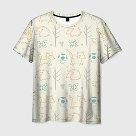 Мужская футболка 3D с принтом Лесные звери в Новосибирске, 100% полиэфир | прямой крой, круглый вырез горловины, длина до линии бедер | Тематика изображения на принте: зверушки | милый | паттерн
