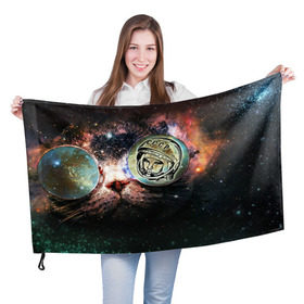 Флаг 3D с принтом Гагарин 3 в Новосибирске, 100% полиэстер | плотность ткани — 95 г/м2, размер — 67 х 109 см. Принт наносится с одной стороны | 12 апреля | гагарин | день космонавтики | космонавт | космонавтика | космос | юра | юрий