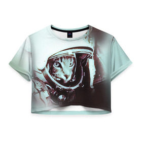 Женская футболка 3D укороченная с принтом Котмонавт в Новосибирске, 100% полиэстер | круглая горловина, длина футболки до линии талии, рукава с отворотами | 12 апреля | гагарин | день космонавтики | космонавт | космонавтика | космос | юра | юрий