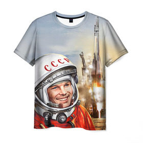 Мужская футболка 3D с принтом Гагарин 8 в Новосибирске, 100% полиэфир | прямой крой, круглый вырез горловины, длина до линии бедер | Тематика изображения на принте: 12 апреля | гагарин | день космонавтики | космонавт | космонавтика | космос | юра | юрий